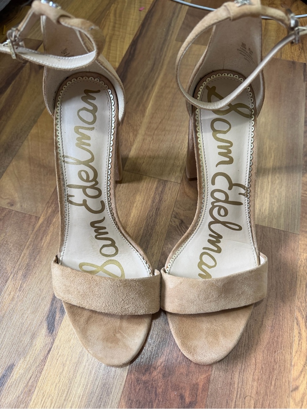 Sam Edelman Nude/Tan Suede Ankle-Strap Block Heels